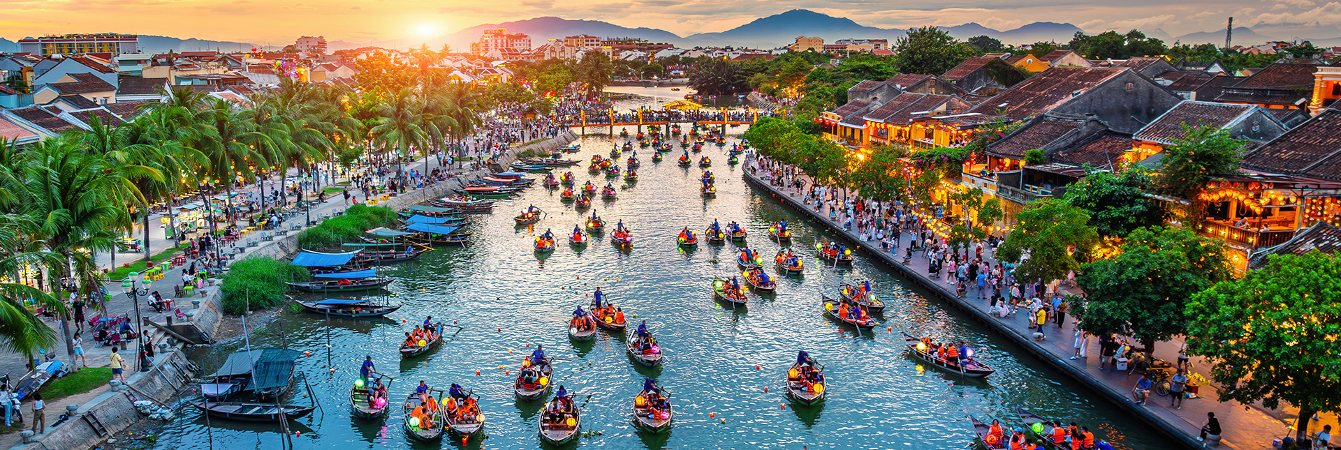 Aerial view of Hoi An ancient town at twilight, Vietnam loading=
